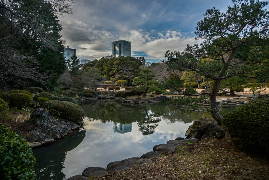 Clouds move over a tree line within the Shinjuku Gyoen National Garden, Shinjuku, Japan, Feb. 17, 2016. The garden opened in May 1906 as an imperial garden, and played a role in supplying seeds of buttonwoods and tulip trees for roadside trees throughout Tokyo. (U.S. Air Force photo by Senior Airman David Owsianka/Released)