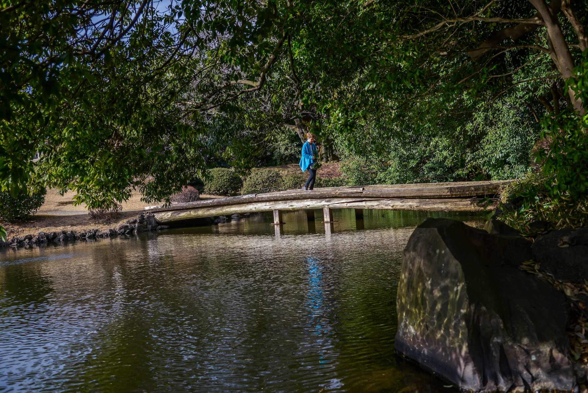 A woman walks across a bridge within the Shinjuku Gyoen National Garden, Shinjuku, Japan, Feb. 17, 2016. The park is open to the public from 9 a.m. to 4 p.m. and has an admission fee of 200 Yen for adults, 50 Yen for elementary and junior high school students; infants can enter at no cost. (U.S. Air Force photo by Senior Airman David Owsianka/Released)