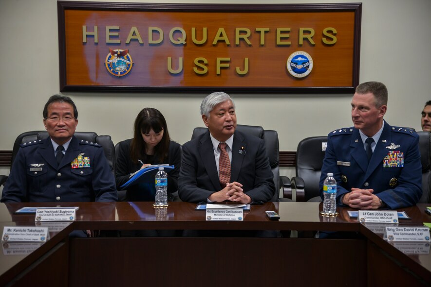 Gen Nakatani, Minister of Defense for Japan, speaks to members of Yokota Air Base in the United States Forces Japan conference room at Yokota AB, Japan, Feb. 23, 2016. Nakatani received a USFJ mission briefing during his time in the conference room. (U.S. Air Force photo by Senior Airman David Owsianka/Released)