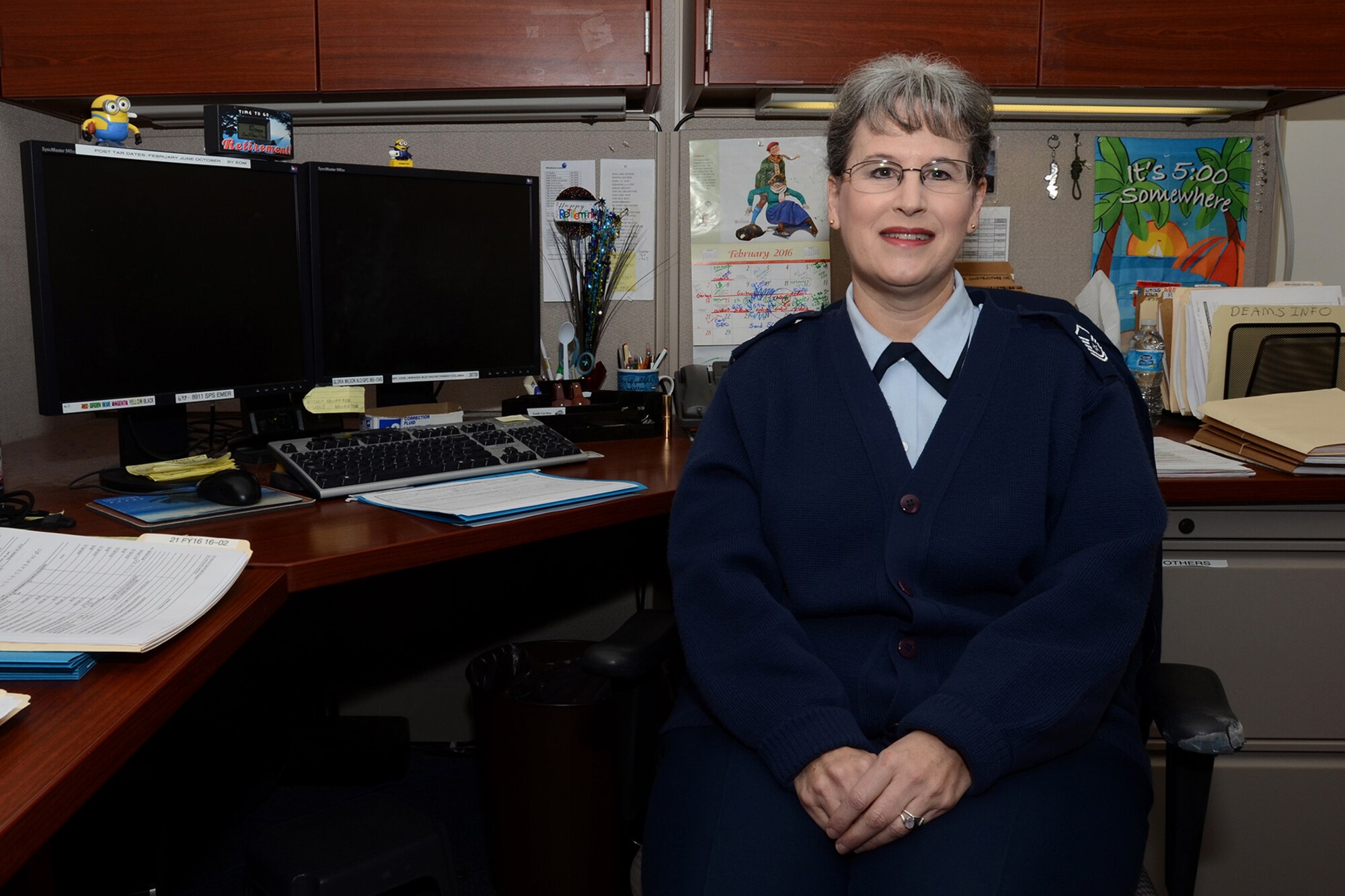 U.S. Air Force Master Sgt. Lorrie Austin, an accounting liaison assigned to the 169th Comptroller Flight, poses for a photo for the eNewsletter for her upcoming retirement at McEntire Joint National Guard Base, Feb. 17, 2016. Austin is believed to be one of the last remaining enlisted personnel of the Women of the Air Force. (U.S. Air National Guard photo by Airman 1st Class Megan Floyd)