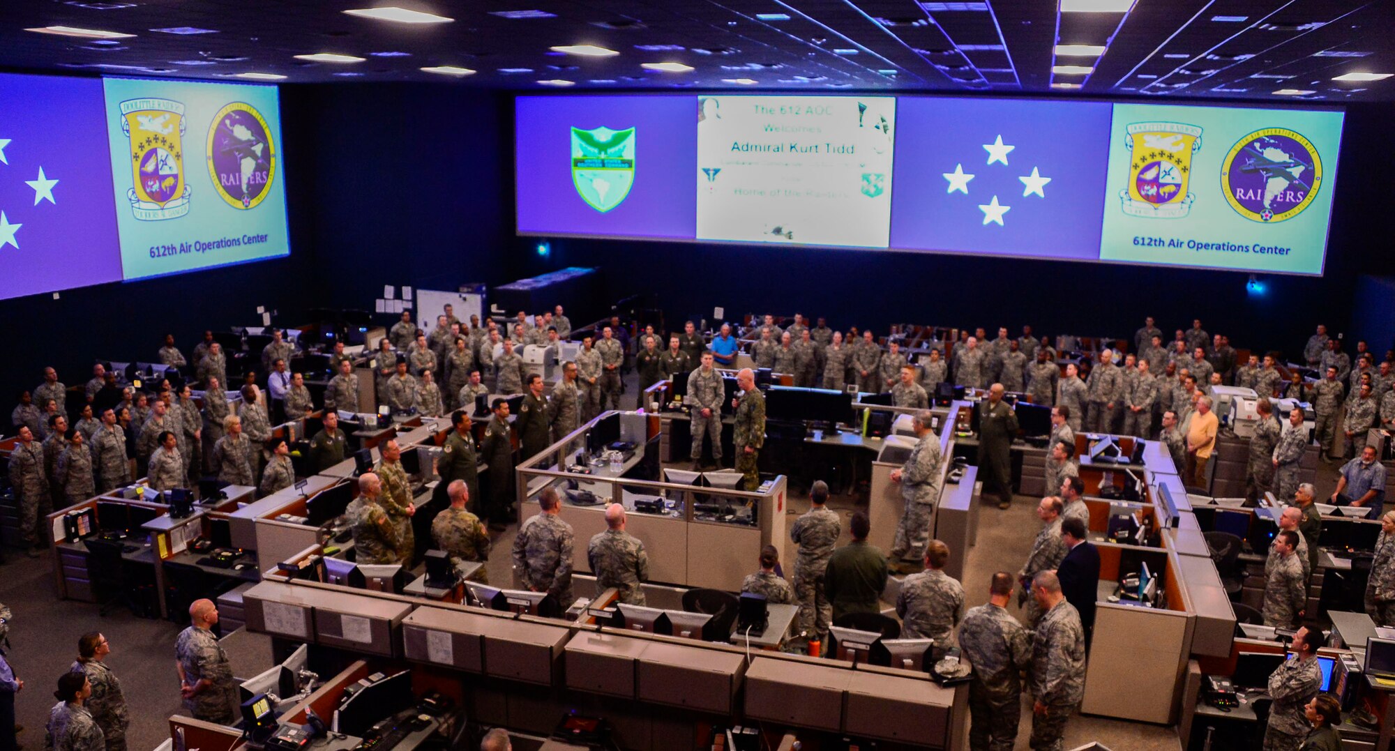 Members from 12th Air Force (Air Forces Southern) and 612th Air and Space Operations Center gather to hear from U.S. Navy Adm. Kurt Tidd, U.S. Southern Command commander, during his visit to Davis-Monthan AFB, Ariz., Feb. 23, 2016. Tidd assumed command of U.S. SOUTHCOM on Jan. 14, 2016 and is familiarizing himself with the various component services that make up a combatant command.  U.S. SOUTHCOM is responsible for all Department of Defense security cooperation in the 45 nations and territories of Central and South America and the Caribbean.  AFSOUTH is the air component to U.S. SOUTHCOM responsible for U.S. air and space operations throughout U.S. SOUTHCOM’s area of responsibility. (U.S. Air Force photo by Tech. Sgt. Heather R. Redman/Released)