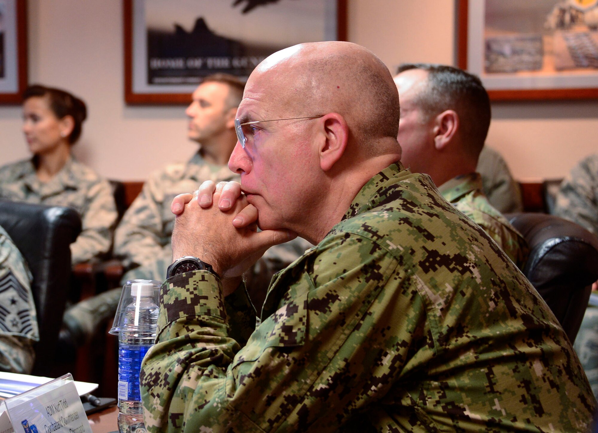 U.S. Navy Adm. Kurt Tidd, U.S. Southern Command commander, and U.S. Army Command Sgt. Maj. William Zaiser, U.S. SOUTHCOM senior enlisted leader, are given a mission briefing on the 12th Air Force (Air Forces Southern) capabilities during their visit to Davis-Monthan AFB, Ariz., Feb. 23, 2016.  Tidd assumed command of U.S. SOUTHCOM on Jan. 14, 2016 and is familiarizing himself with the various component services that make up a combatant command.  U.S. SOUTHCOM is responsible for all Department of Defense security cooperation in the 45 nations and territories of Central and South America and the Caribbean.  AFSOUTH is the air component to U.S. SOUTHCOM responsible for U.S. air and space operations throughout U.S. SOUTHCOM’s area of responsibility. (U.S. Air Force photo by Tech. Sgt. Heather R. Redman/Released)