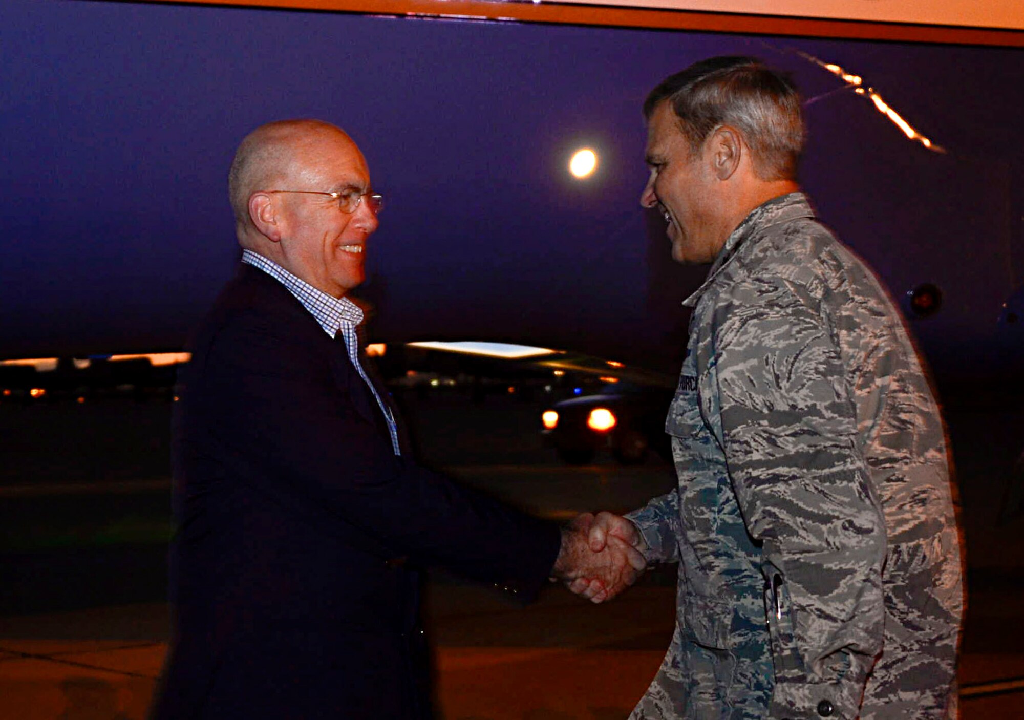 U.S. Navy Adm. Kurt Tidd, U.S. Southern Command commander, is greeted by U.S. Air Force Lt. Gen. Chris Nowland, 12th Air Force (Air Forces Southern) commander, during the Tidd’s visit to the 12th AF (AFSOUTH) at Davis-Monthan AFB, Ariz., Feb. 22, 2016.  Tidd assumed command of U.S. SOUTHCOM on Jan. 14, 2016 and is familiarizing himself with the various component services that make up a combatant command.  U.S. SOUTHCOM is responsible for all Department of Defense security cooperation in the 45 nations and territories of Central and South America and the Caribbean.  AFSOUTH is the air component to U.S. SOUTHCOM responsible for U.S. air and space operations throughout U.S. SOUTHCOM’s area of responsibility. (U.S. Air Force photo by Tech. Sgt. Heather R. Redman/Released)