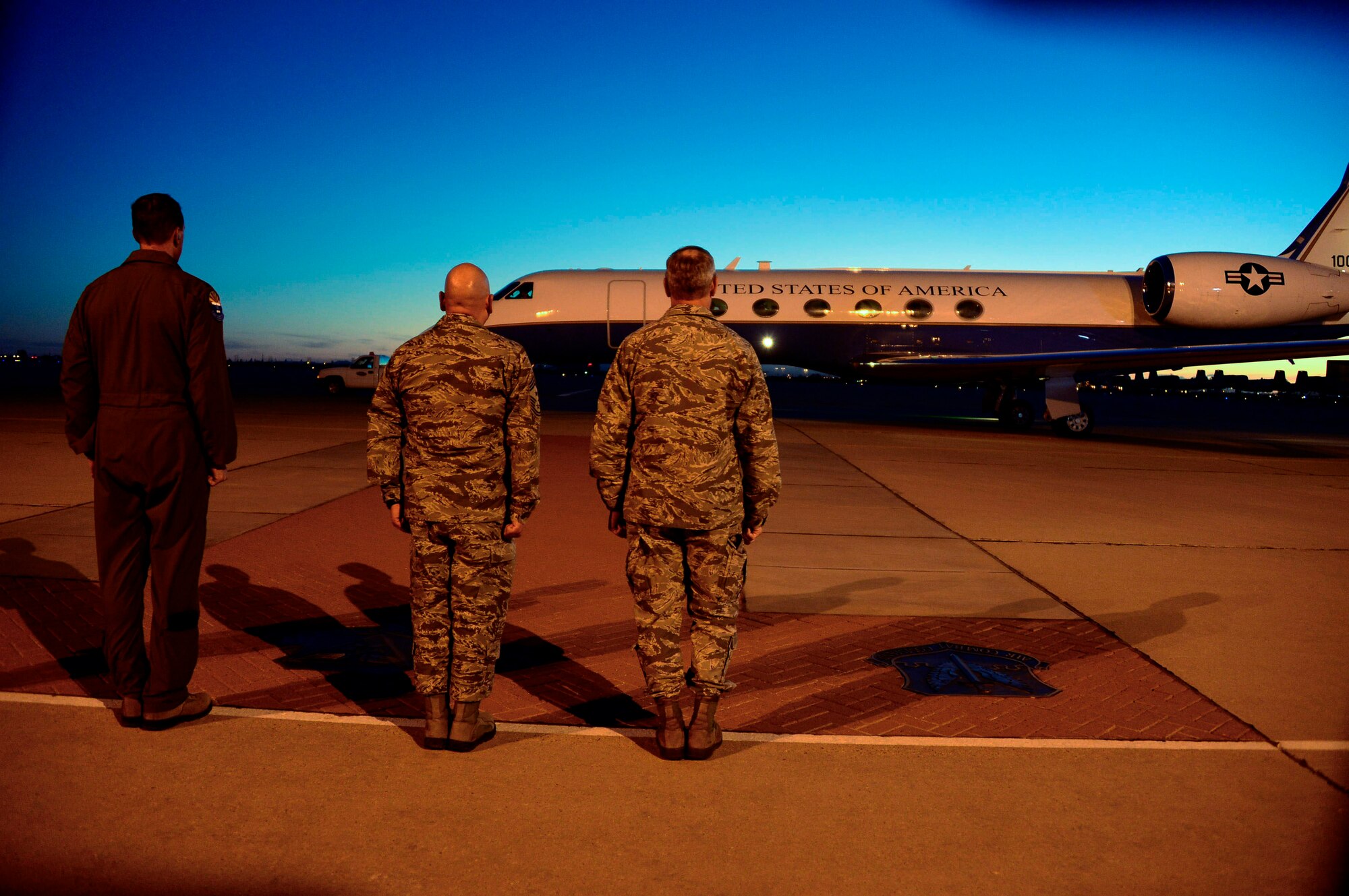 U.S. Air Force, Col. James Meger, 355th Fighter Wing commander, U.S. Air Force Chief Master Sgt. Jose Barraza, 12th Air Force (Air Forces Southern) command chief, and U.S. Air Force Lt. Gen. Chris Nowland, 12th AF (AFSOUTH) commander, prepare for the arrival of U.S. Navy Adm. Kurt Tidd, U.S. Southern Command commander, and U.S. Army Command Sgt. Maj. William Zaiser, U.S. SOUTHCOM senior enlisted leader, at Davis-Monthan AFB, Ariz., Feb. 22, 2016.  Tidd assumed command of U.S. SOUTHCOM on Jan. 14, 2016 and is familiarizing himself with the various component services that make up a combatant command.  U.S. SOUTHCOM is responsible for all Department of Defense security cooperation in the 45 nations and territories of Central and South America and the Caribbean.  AFSOUTH is the air component to U.S. SOUTHCOM responsible for U.S. air and space operations throughout U.S. SOUTHCOM’s area of responsibility. (U.S. Air Force photo by Tech. Sgt. Heather R. Redman/Released)