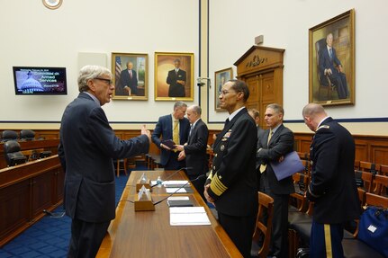 U.S. Navy Adm. Cecil D. Haney, U.S. Strategic Command (USSTRATCOM) commander (center right), speaks with Rep. Brad Ashford (left) before Haneyâ€™s testimony at the House Armed Services Subcommittee on Strategic Forces hearing in Washington, D.C., Feb. 24, 2016. Ashford, a member of the subcommittee, represents Nebraskaâ€™s 2nd Congressional District, which includes Offutt Air Force Base, where USSTRATCOM Headquarters is located. During the hearing, Haney and the Honorable Brian McKeon, Principal Deputy Under Secretary of Defense for Policy, discussed the U.S. strategic forces posture and answered questions from committee members. One of nine DoD unified combatant commands, USSTRATCOM has global strategic missions, assigned through the Unified Command Plan, which include strategic deterrence; space operations; cyberspace operations; joint electronic warfare; global strike; missile defense; intelligence, surveillance and reconnaissance; combating weapons of mass destruction; and analysis and targeting. (USSTRATCOM photo by U.S. Navy Capt. Pamela S. Kunze)
