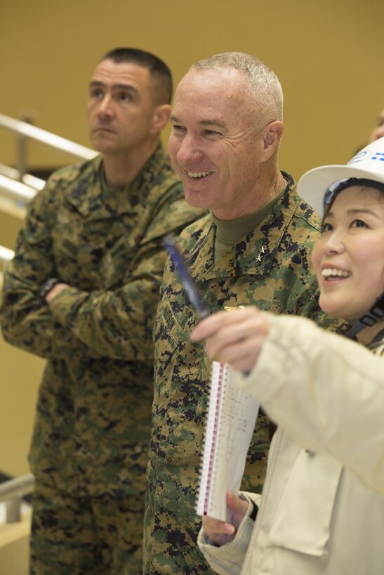 Maj. Gen. Charles Hudson, Marine Corps Installations Command commander, tours the new high school, currently under construction, at Marine Corps Air Station Iwakuni, Japan, Feb. 25, 2016. By touring MCAS Iwakuni, Hudson gained a deeper understanding of the impact MCAS Iwakuni has in the Asia-Pacific region, as well as the multitude of construction projects managed under the Defense Policy Review Initiative.