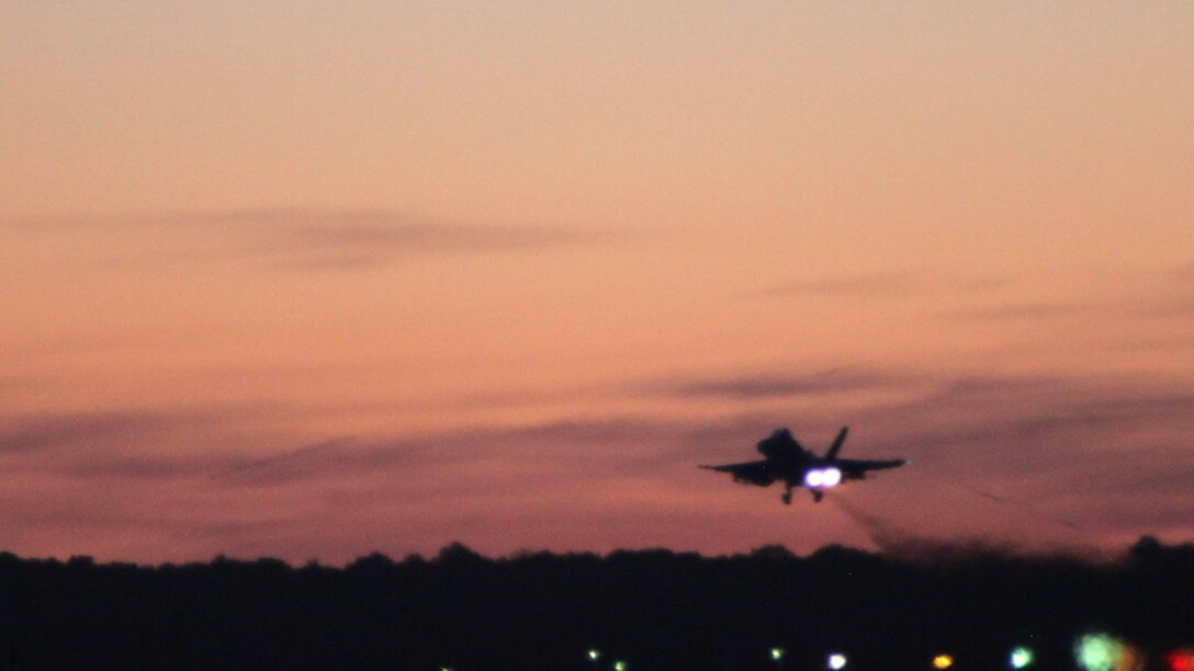 An F/A-18 Hornet takes off during Exercise Coastal Predator at Marine Corps Air Station Cherry Point, N.C., Feb. 16, 2016. Coastal Predator is an exercise that included Marine Corps and Army aviation assets along with Air Force personnel and civilian contractors to conduct Forward Air Controller Airborne training in accordance with the pre-deployment training program.  