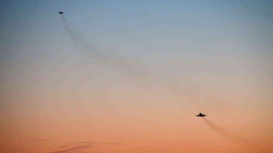 Two F/A-18 Hornets take off during Exercise Coastal Predator at Marine Corps Air Station Cherry Point, N.C., Feb. 16, 2016. Coastal Predator is an exercise that included Marine Corps and Army aviation assets along with Air Force personnel and civilian contractors to conduct Forward Air Controller Airborne training in accordance with the pre-deployment training program. 