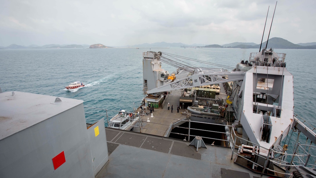 The USS Ashland departs from the Port of Sattahip, Thailand, Feb. 21, 2016. Leaving port ended the 31st Marine Expeditionary Unit's stay for Cobra Gold 16, an annual exercise that increases cooperation, interoperability and collaboration among partner nations in order to achieve effective solutions to common challenges. 