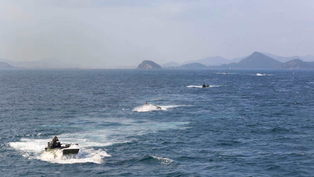 U.S. Marines assigned to Alpha Co., Battalion Landing Team 1st Battalion, 5th Marines, 31st Marine Expeditionary Unit, maneuver Assault Amphibious Vehicle P7/A1s toward the USS Ashland from the shore of Thailand, Feb. 21, 2016.  Departing Thailand ended the 31st Marine Expeditionary Unit's stay for Cobra Gold 16, an annual exercise that increases cooperation, interoperability and collaboration among partner nations in order to achieve effective solutions to common challenges. 