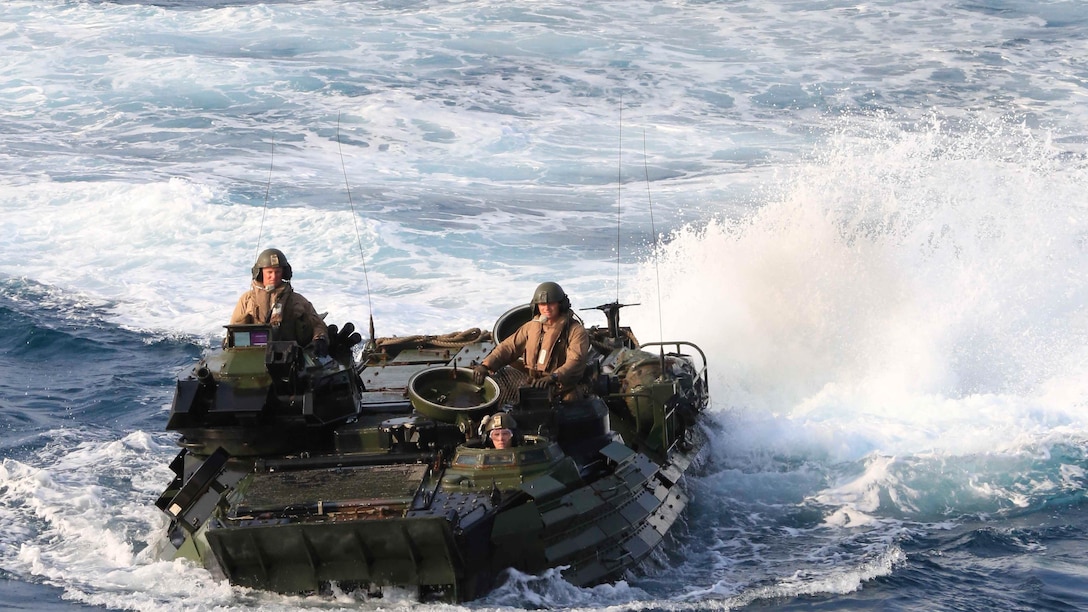 U.S. Marines assigned to Alpha Co., Battalion Landing Team 1st Battalion, 5th Marines, 31st Marine Expeditionary Unit, maneuver Assault Amphibious Vehicle P7/A1s toward the USS Ashland from the shore of Thailand, Feb. 21, 2016. Departing Thailand ended the 31st Marine Expeditionary Unit's stay for Cobra Gold 16, an annual exercise that increases cooperation, interoperability and collaboration among partner nations in order to achieve effective solutions to common challenges.