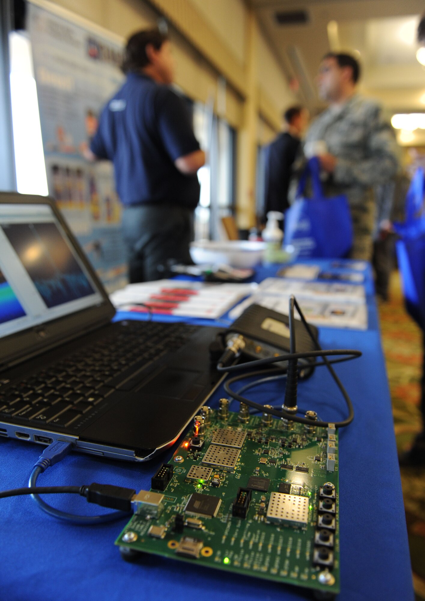 Electronic equipment sits on display during the 21st annual Technology Expo at the Bay Breeze Event Center Feb. 23, 2016, Keesler Air Force Base, Miss. The 81st Communications Squadron hosted the event and attendance was free to all Defense Department, government and contractor personnel with base access. (U.S. Air Force photo by Kemberly Groue)
