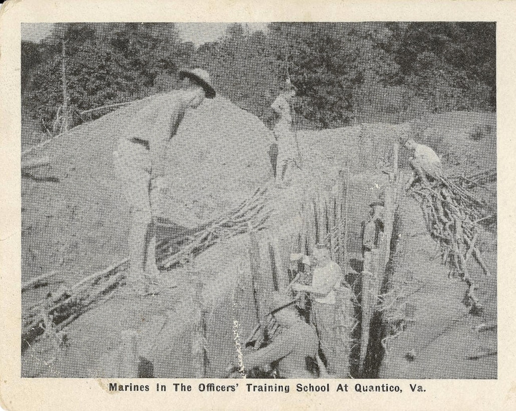 Officer trainees digging trenches at the Officers Training School, the forerunner of today’s Officer Candidates School, Quantico, Virginia ca. 1917.