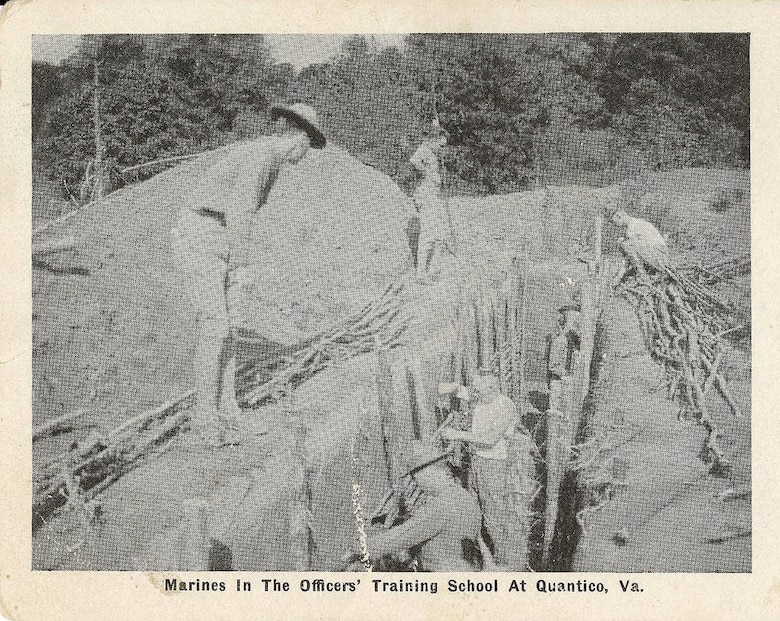 Officer trainees digging trenches at the Officers Training School, the forerunner of today’s Officer Candidates School, Quantico, Virginia ca. 1917.