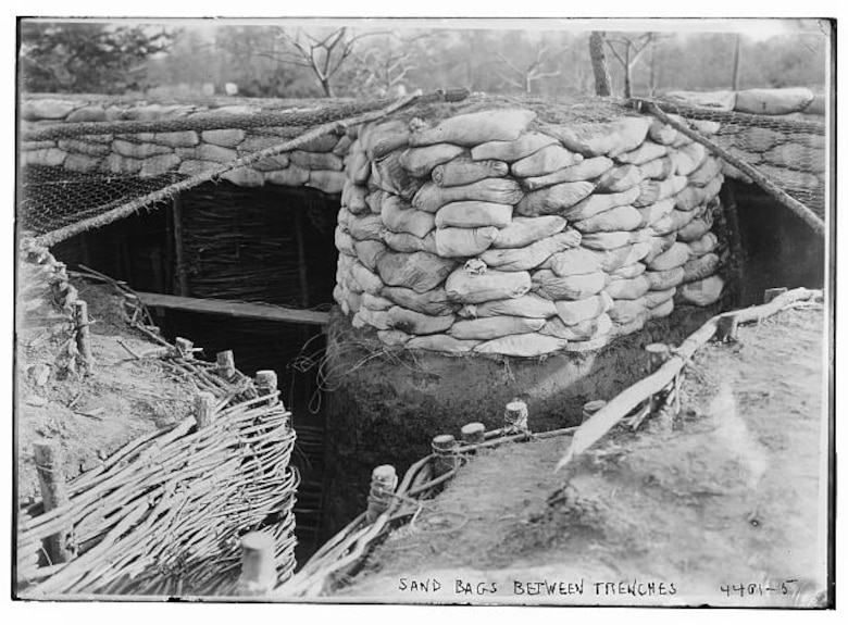 Sand bags between trenches In Quantico, Virginia ca. 1917.
