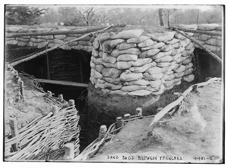 Sand bags between trenches In Quantico, Virginia ca. 1917.