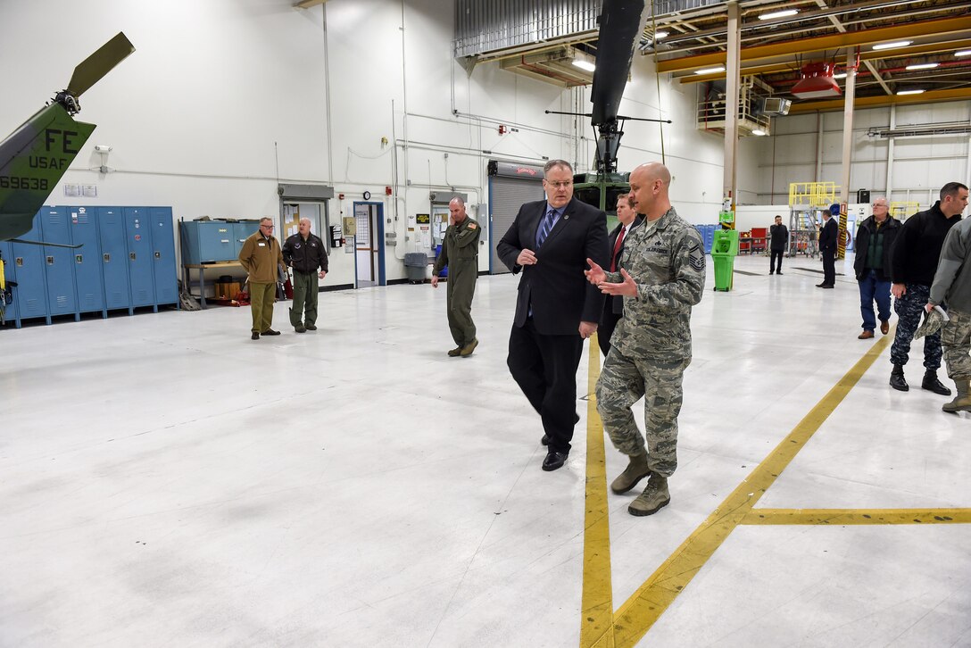 Deputy Defense Secretary Bob Work tours a helicopter facility on F. E. Warren Air Force Base in Wyoming, Feb. 24, 2016. DoD photo by Army Sgt. 1st Class Clydell Kinchen