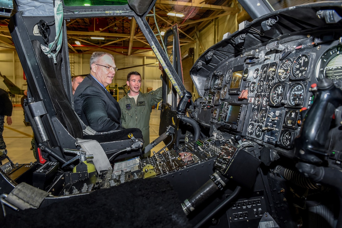 Deputy Defense Secretary Bob Work tours a helicopter facility on F. E. Warren Air Force Base in Wyoming, Feb. 24, 2016. DoD photo by Army Sgt. 1st Class Clydell Kinchen
