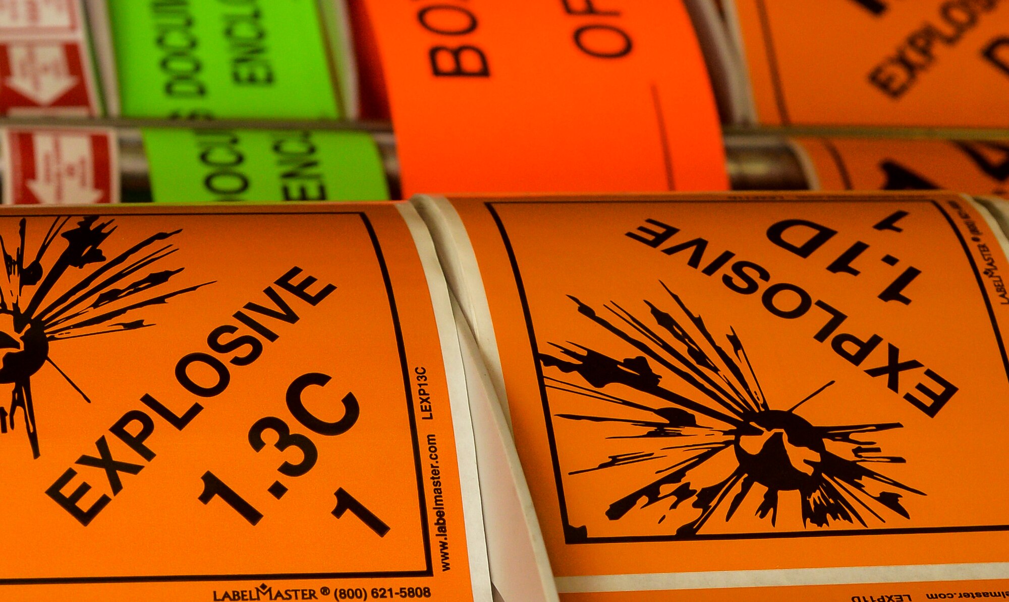U.S. Department of Transportation labels are on display at the 2nd Munitions Squadron inspection shop displayed at Barksdale Air Force Base, La., Feb. 23, 2016. Duties performed by munitions inspectors supply over 25 different agencies such as security forces, maintenance and air crew flight equipment with necessary assets necessary to keep the B-52’s in the Air. (U.S. Air Force photo/Airman 1st Class Mozer O. Da Cunha)