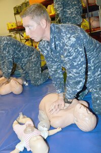 Seaman Luke Wagner, Basic Medical Technician Corpsman Program student conducts basic life support skills training during a course at the Medical Education and Training Campus on Joint Base San Antonio-Fort Sam Houston.