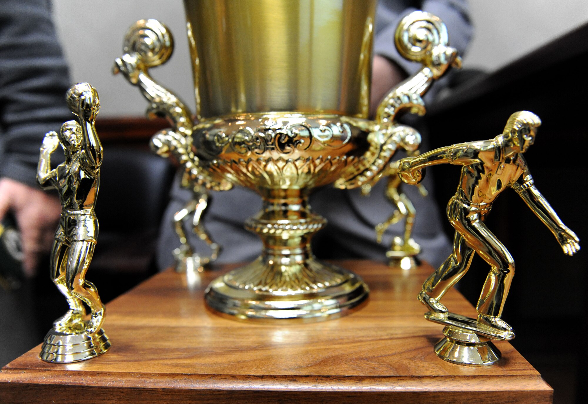 The commander’s trophy sits on display prior to being presented to the 334th Training Squadron at Stennis Hall Feb. 24, 2016, Keesler Air Force Base, Miss. The competition is centered around points awarded to a squadron based on their participation in the intramural sports program and special events facilitated by the base fitness centers. This is the 6th consecutive year  the “Gators” have earned the trophy. (U.S. Air Force photo by Kemberly Groue)