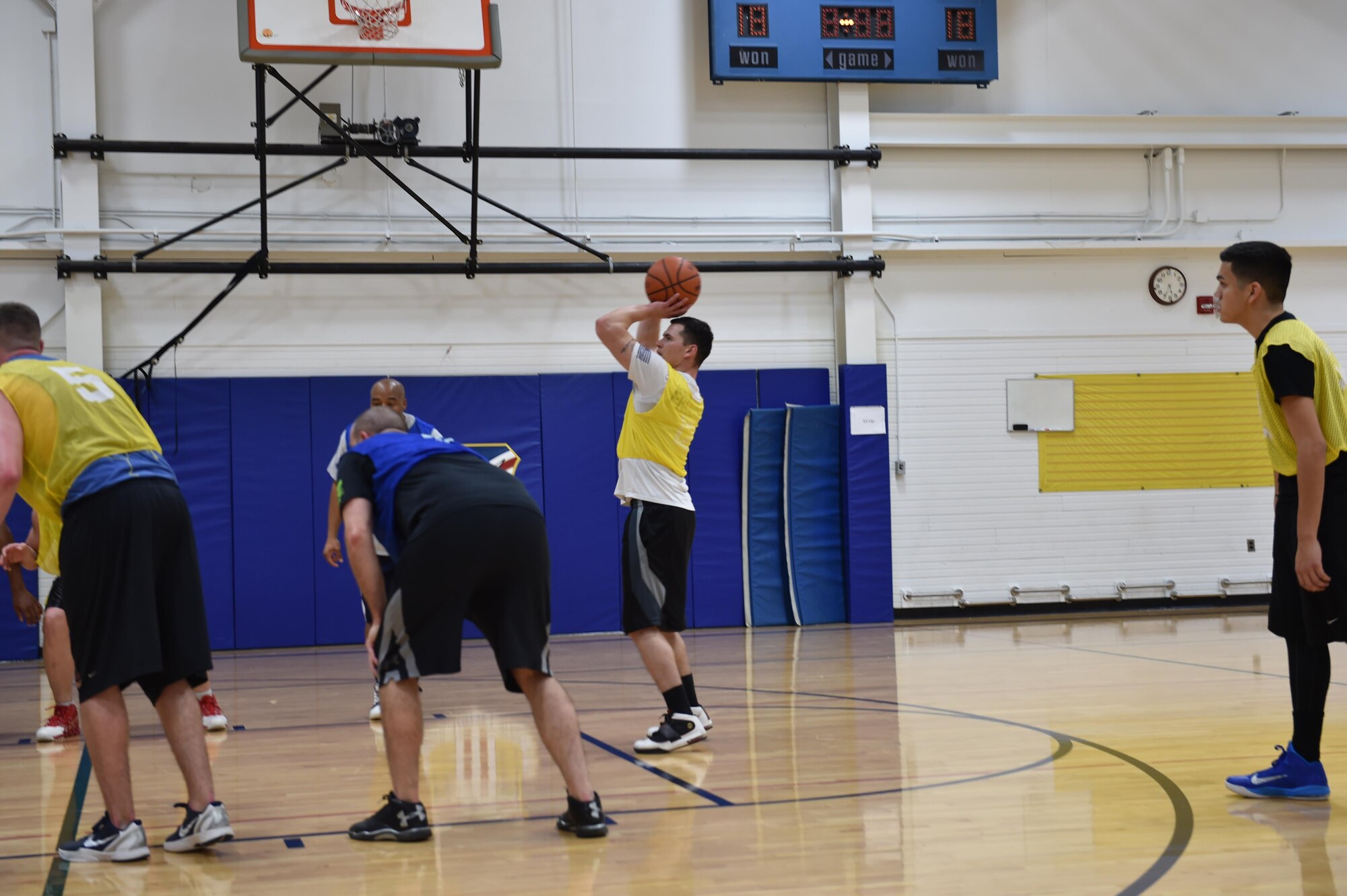 Senior Airman Joshua Thayer, a member of the 910th Security Forces Squadron (SFS), prepares to shoot a foul shot during an intramural basketball game between SFS and the Navy and Marine Corps Reserve detachments here Feb. 6, 2016. The game was part of the intramural basketball tournament hosted by the 910th Force Support Squadron. The tournament was open to all units based at Youngstown Air Reserve Station and was played annually during the winter months on Unit Training Assembly weekends. (U.S. Air Force Photo/ Tech. Sgt. Rick Lisum)