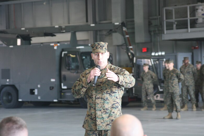 Lt. Col. William Pacatte, commanding officer of Marine Corps Air Facility Quantico, speaks at a Feb. 11 ceremony during which MCAF was presented with a Meritorious Unit Commendation.