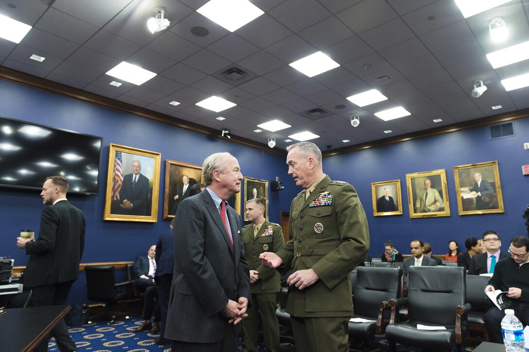 Marine Corps Gen. Joseph F. Dunford Jr., right, chairman of the Joint Chiefs of Staff, speaks to U.S. Rep. Rodney Frelinghuysen of New Jersey before a House Appropriations Committee hearing in Washington, D.C., Feb. 25, 2016. DoD photo by Army Staff Sgt. Sean K. Harp