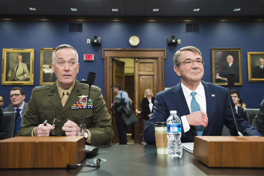Marine Corps Gen. Joseph F. Dunford Jr., chairman of the Joint Chiefs of Staff, and Defense Secretary Ash Carter testify before the House Appropriations Committee in Washington, D.C., Feb. 25, 2016. DoD photo by Army Staff Sgt. Sean K. Harp