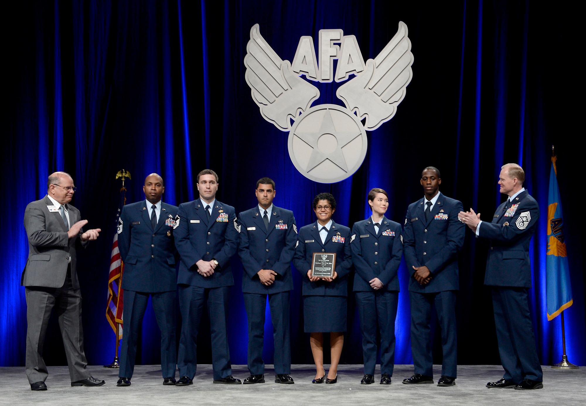 Airmen representing the geospatial intelligence career field are recognized during Chief Master Sgt. of the Air Force James A. Cody’s enlisted perspective at the Air Force Association's Air Warfare Symposium in Orlando, Fla., Feb. 25, 2016.  (U.S. Air Force photo/Scott M. Ash)