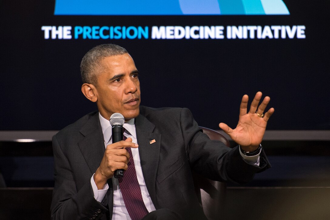 President Barack Obama speaks during a panel discussion for the White House Precision Medicine Initiative Summit in Washington, D.C., Feb. 25, 2016. The panel, which included Dr. Jonathan Woodson, assistant secretary of defense for health affairs, focused on improving health care for veterans and patients nationwide. DoD photo by EJ Hersom