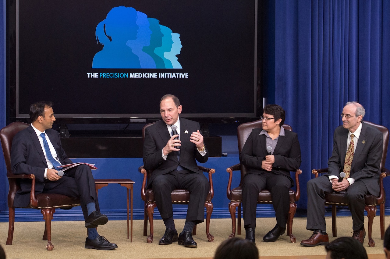 Veterans Affairs Secretary Robert McDonald, second from left, speaks during a panel discussion for the White House Precision Medicine Initiative Summit in Washington, D.C., Feb. 25, 2016. DoD photo by EJ Hersom