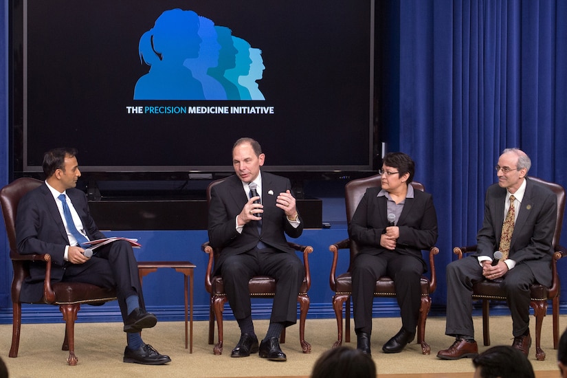 Veterans Affairs Secretary Robert McDonald, second from left, speaks during a panel discussion for the White House Precision Medicine Initiative Summit in Washington, D.C., Feb. 25, 2016. DoD photo by EJ Hersom