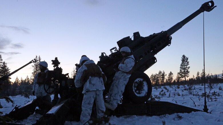 Marines with Combined Arms Company, await the confirmation call of a round impact during a live-fire shoot in Rena, Norway, Feb. 23, 2016, in preparation for Exercise Cold Response 16. The exercise will include 12 NATO allies and partner nations, and approximately 16,000 troops. The Marines will act as support for the infantry battalions during the exercise. The Marines will provide indirect fire support for infantry units during the exercise.