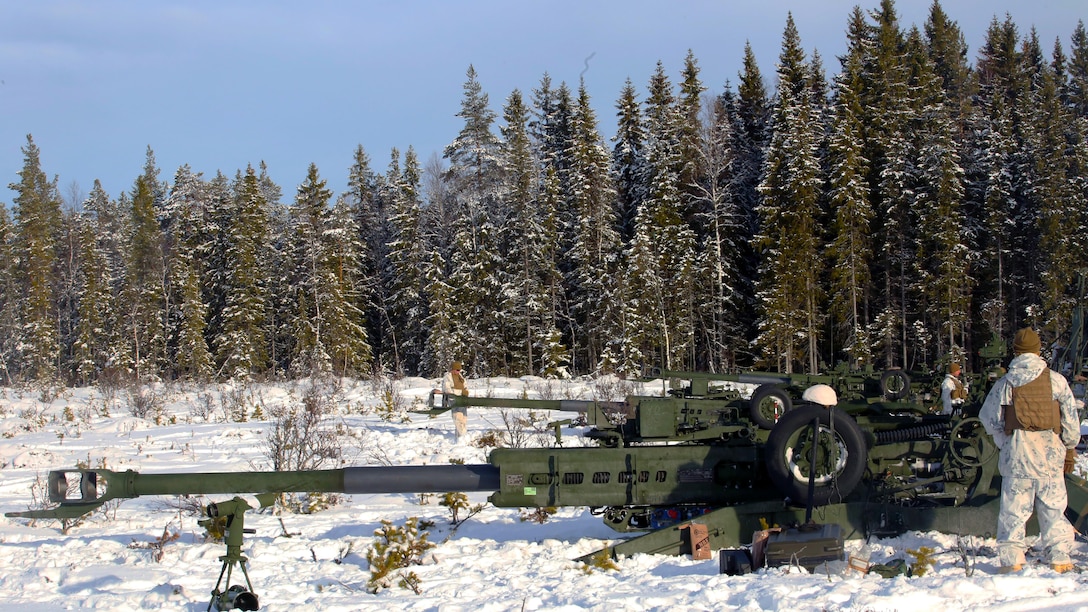 Marines with Combined Arms Company prepare their M777 Howitzers for a live-fire shoot in Rena, Norway, Feb. 23, 2016, in preparation for Exercise Cold Response 16. The exercise will include 12 NATO allies and partner nations, and approximately 16,000 troops. The Marines will provide indirect fire support for infantry units during the exercise.