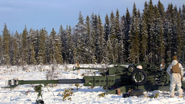 Marines with Combined Arms Company prepare their M777 Howitzers for a live-fire shoot in Rena, Norway, Feb. 23, 2016, in preparation for Exercise Cold Response 16. The exercise will include 12 NATO allies and partner nations, and approximately 16,000 troops. The Marines will provide indirect fire support for infantry units during the exercise.
