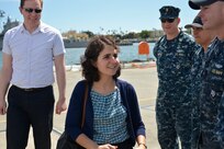 160224-N-LY160-022 JOINT BASE PEARL HARBOR-HICKAM, Hawaii - (Feb. 24, 2016) – Dr. Mara E. Karlin, deputy assistant secretary of defense for strategy and force development, greets Sailors from the Los Angeles-class fast attack submarine USS Greeneville (SSN 772) during a visit to Joint Base Pearl Harbor-Hickam. Dr. Karlin is visiting the region to learn more about U.S. Forces in the Pacific and to better understand the operational capabilities of U.S. Navy units. (U.S. Navy photo by Mass Communication Specialist 2nd Class Michael H. Lee/Released)