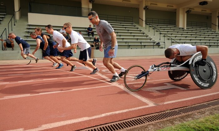 Wounded Warrior participants start the 800-meter dash during the track and field trials as part of the first ever Wounded Warrior Pacific Trials at the Iolani School Kozuk Stadium in Honolulu, Nov. 15, 2012. Nearly 50 seriously wounded ill and injured sailors and Coast Guardsmen from across the country are competing for a place on the 2013 Warrior Games Navy-Coast Guard team. 