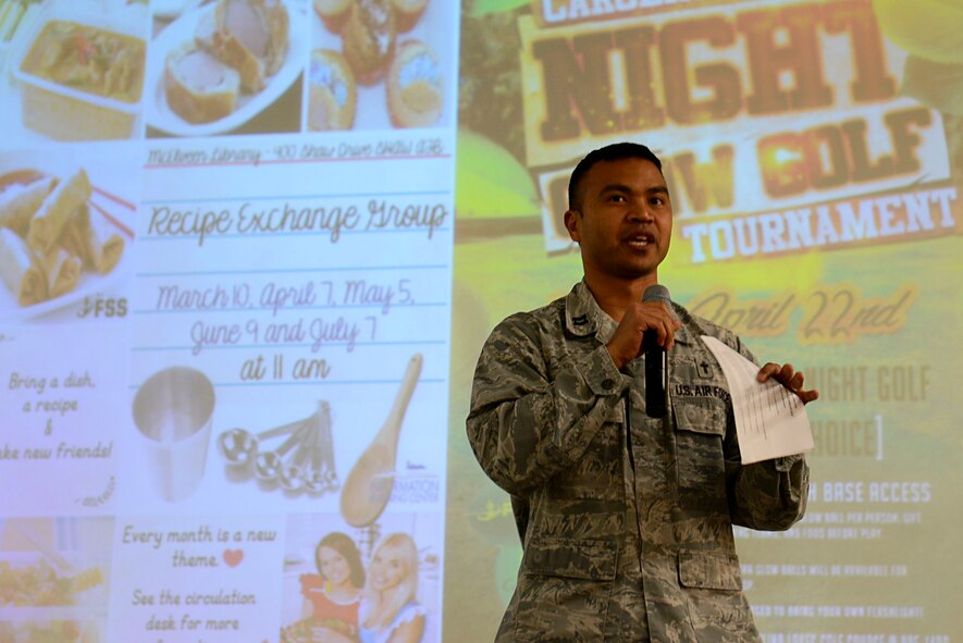 U.S. Air Force Chaplain (Capt.) Robert Pitts, 20th Fighter Wing chaplain, welcomes the families of deployed service members during a deployed family dinner at Shaw Air Force Base, S.C., Feb. 22, 2016. The complimentary dinner supported the families of over 150 deployed service members. (U.S. Air Force photo by Airman 1st Class Christopher Maldonado)