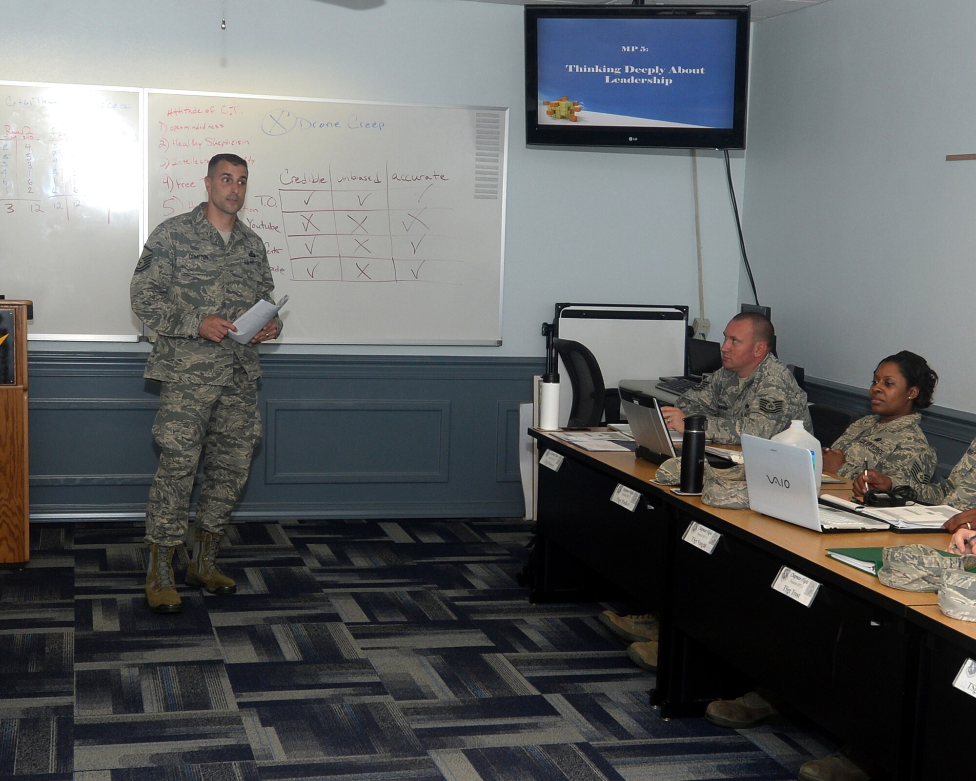 Master Sgt. Rob Compton, Paul W. Airey NCO Academy instructor, teaches a class on leadership and how to give guidance to junior Airmen.  The instructors at NCOA are specifically selected to guide NCOs on the proper leadership path.  (U.S. Air Force photo by Airman 1st Class Cody R. Miller/Released)