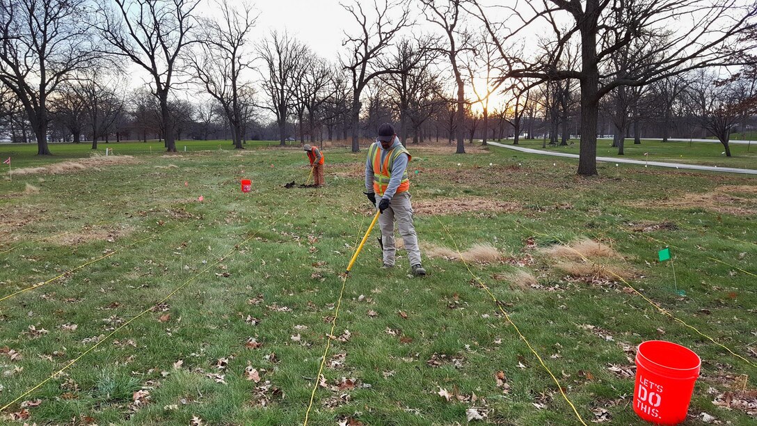 Contractors scan property at Rock Island Arsenal to detect metal objects up to a two-foot depth. In the thorough scan of more than four acres, contractors found two grenades.