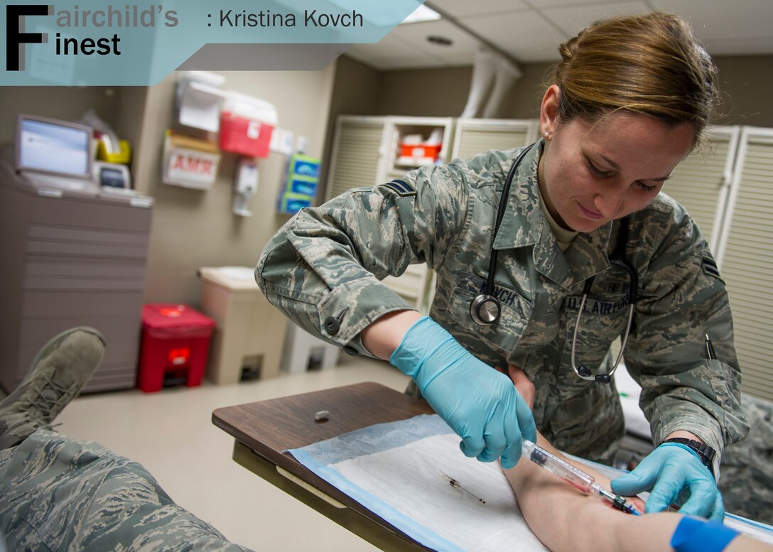 Airman 1st Class Kristina Kovch, 92nd Medical Operations Squadron Aerospace Medical Technician, sets up an intravenous therapy Feb. 24, 2016, at Fairchild Air Force Base, Wash. As a medical technician Kovch checks in patients, reviews patient results, provides help to providers, and ensures Fairchild Airmen and families are healthy. Her leadership selected her as one of Fairchild’s Finest, a weekly recognition program that highlights top-performing Airmen. (U.S. Air Force photo/Airman 1st Class Sean Campbell)