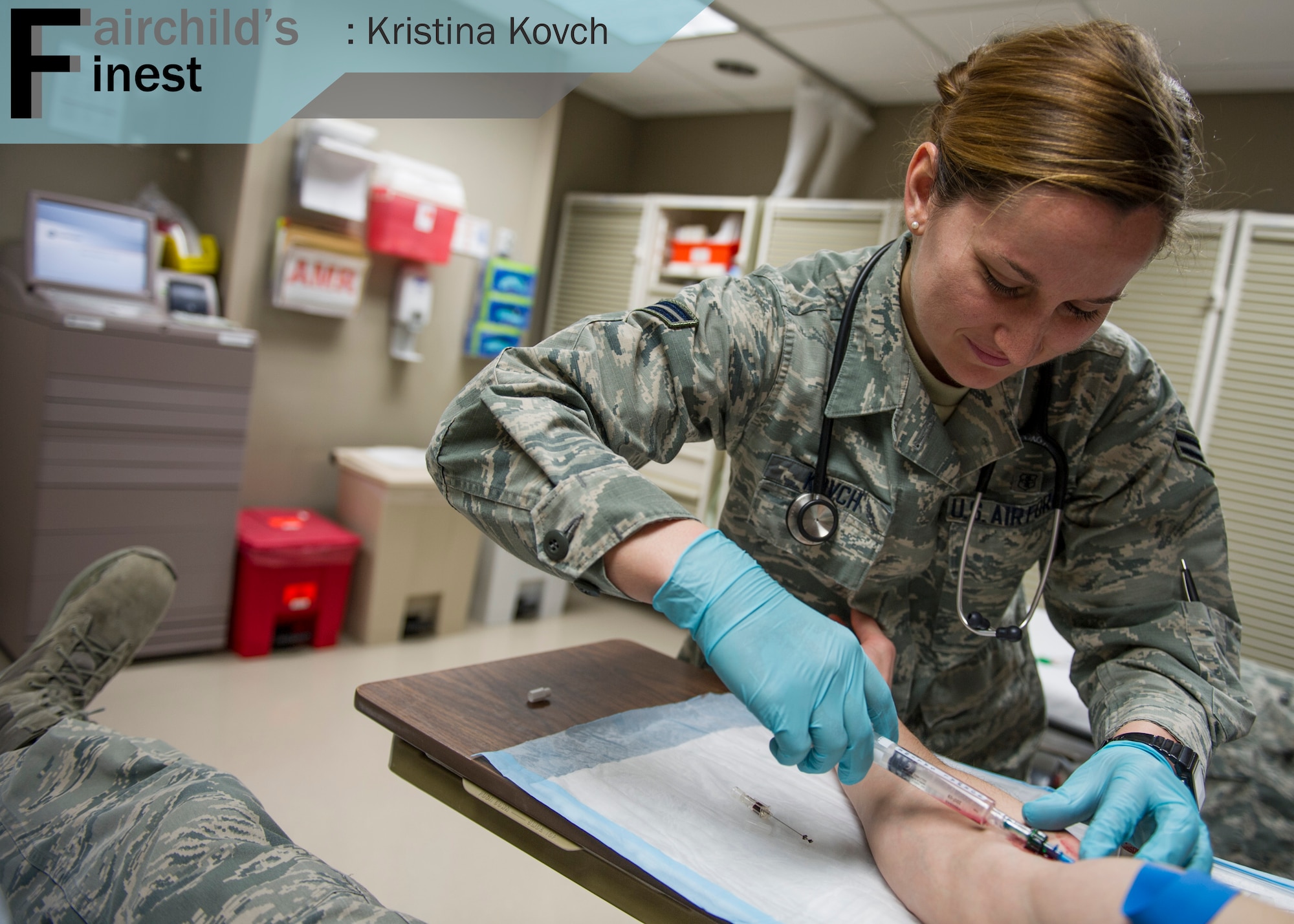 Airman 1st Class Kristina Kovch, 92nd Medical Operations Squadron Aerospace Medical Technician, sets up an intravenous therapy Feb. 24, 2016, at Fairchild Air Force Base, Wash. As a medical technician Kovch checks in patients, reviews patient results, provides help to providers, and ensures Fairchild Airmen and families are healthy. Her leadership selected her as one of Fairchild’s Finest, a weekly recognition program that highlights top-performing Airmen. (U.S. Air Force photo/Airman 1st Class Sean Campbell)