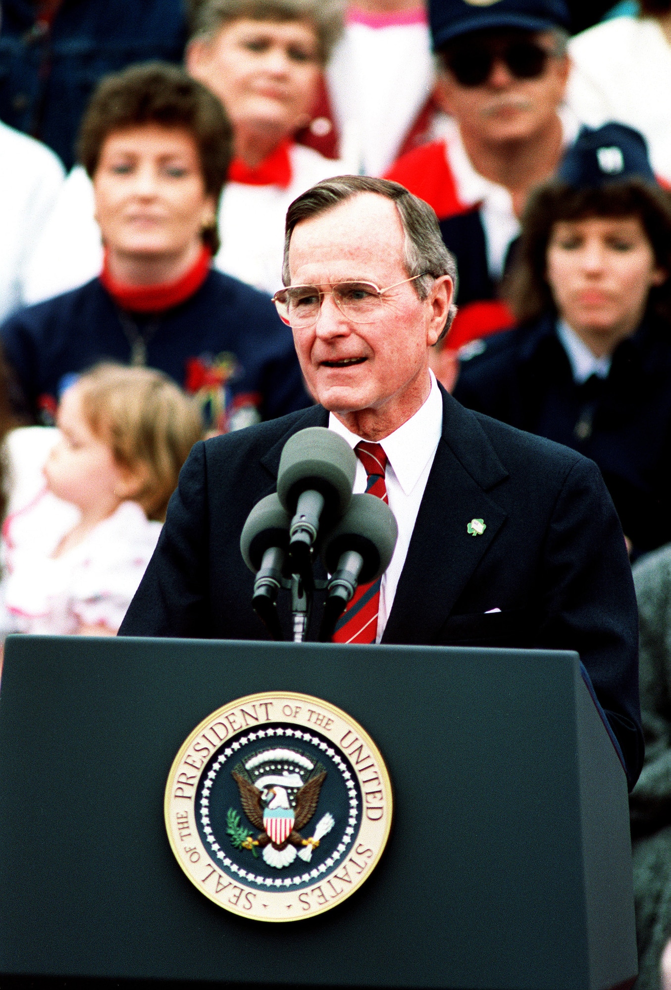 Pres. George H.W. Bush speaks during a welcoming ceremony for U.S. military personnel just returned from deployment in Saudi Arabia during Operation Desert Storm at Sumter, S.C., March 24, 1991. (Courtesy photo)