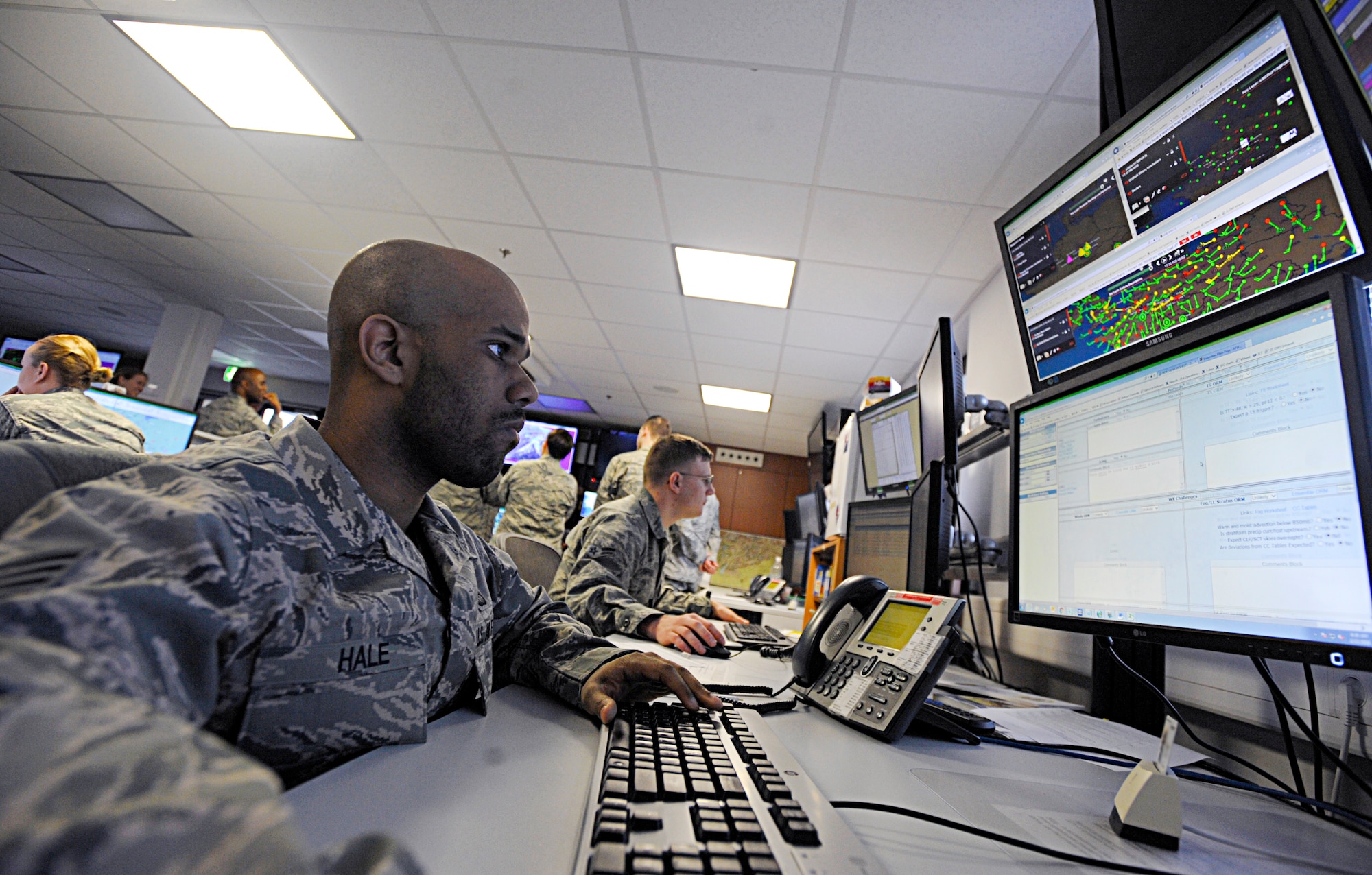 Staff Sgt. James Hale, 21st Operational Weather Squadron weather forecaster, monitors the weather patterns for northern Europe Feb. 22, 2016, at Ramstein Air Base, Germany. The 21st OWS is responsible for providing timely and accurate weather intelligence for any mission operation within the area of responsibility for U.S. European Command and U.S. Africa Command. (U.S. Air Force photo/Staff Sgt. Timothy Moore)