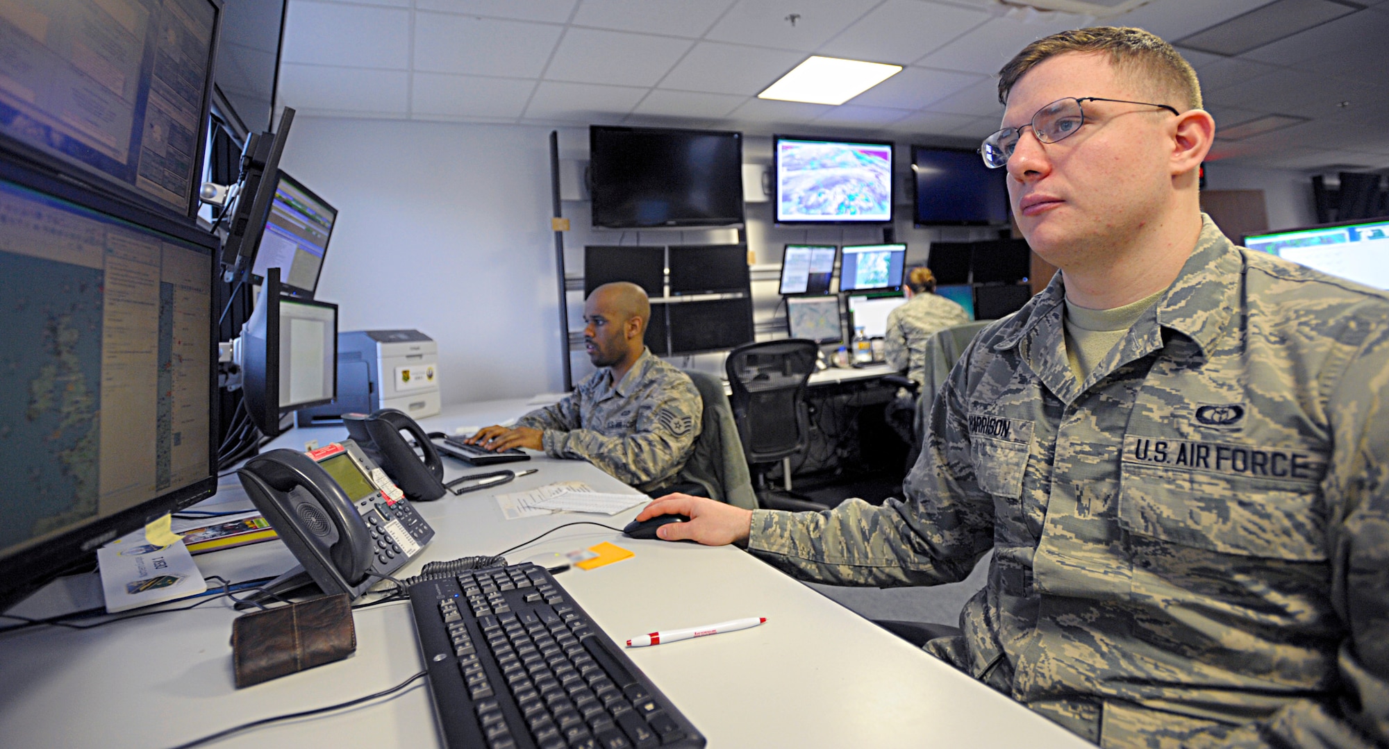 Airman 1st Class Benjamin Harrison, 21st Operational Weather Squadron weather forecaster, monitors the weather patterns for northern Europe Feb. 22, 2016, at Kapaun Air Station, Germany. Working with weather flights at various locations, the 21st OWS provides weather intelligence for Department of Defense operations throughout the U.S. European Command and U.S. Africa Command areas of responsibility. (U.S. Air Force photo/Staff Sgt. Timothy Moore)
