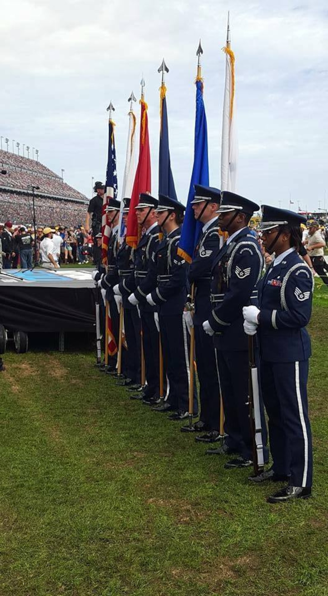 Members of the Patrick Air Force Base Honor Guard Team in Florida were proud to provide support during the Daytona 500, Feb. 21, 2016 at Daytona Beach, Fla. The mission of the Patrick AFB Honor Guard is to represent Airmen to the American public and to ensure a legacy of Airmen who: promote the mission; protect the standards; perfect the image; and preserve the heritage. (Courtesy photo)