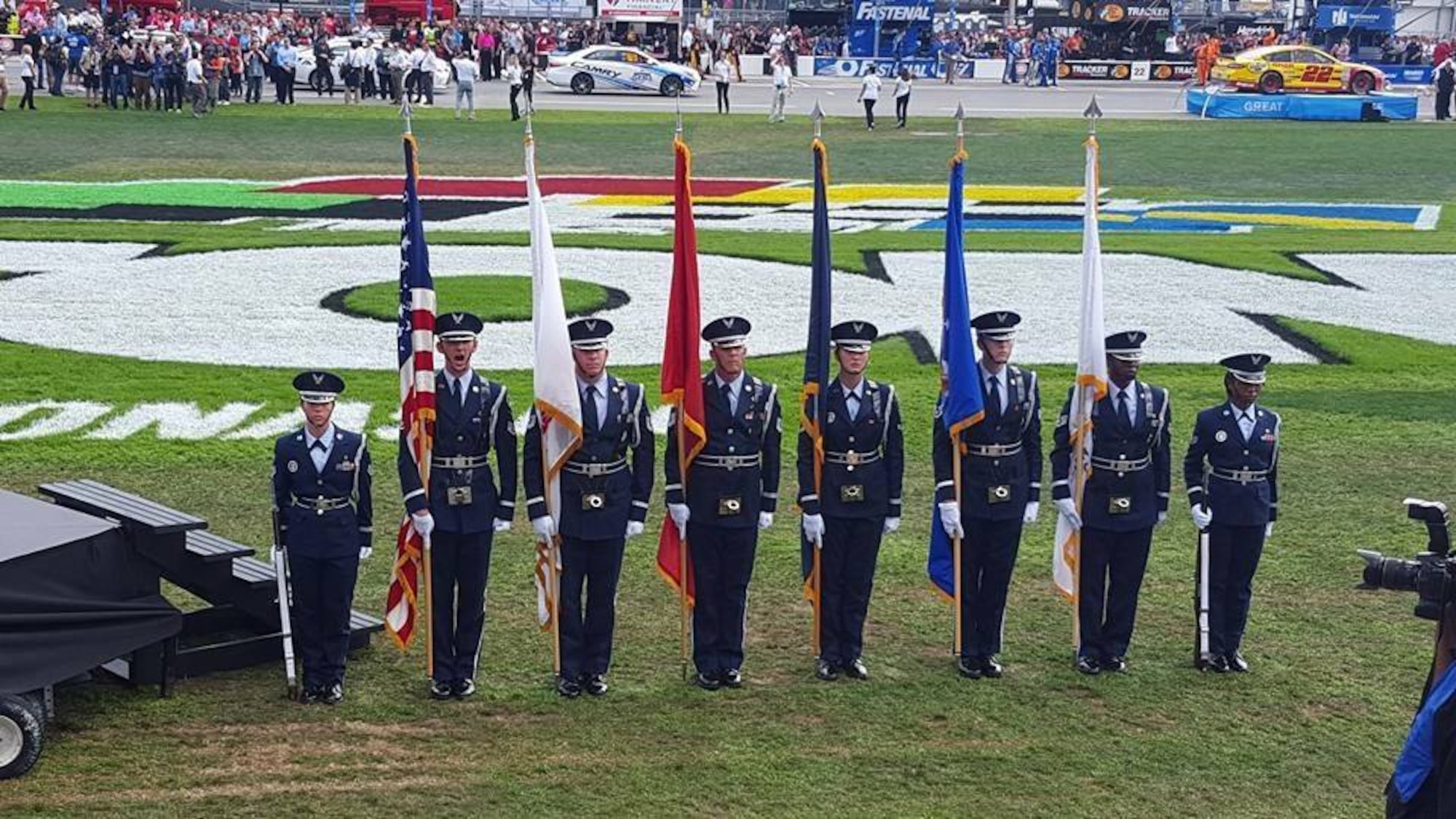 Members of the Patrick Air Force Base Honor Guard Team in Florida were proud to provide support during the Daytona 500, Feb. 21, 2016 at Daytona Beach, Fla. The mission of the Patrick AFB Honor Guard is to represent Airmen to the American public and to ensure a legacy of Airmen who: promote the mission; protect the standards; perfect the image; and preserve the heritage. (Courtesy photo)