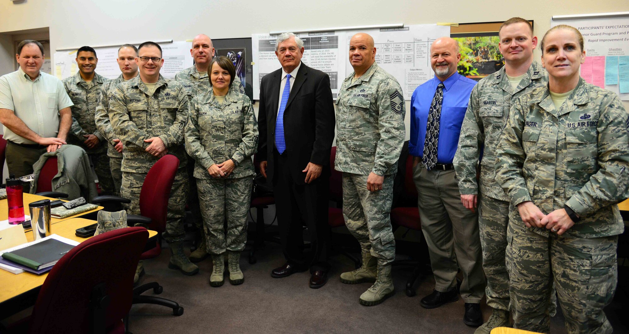 A team of enlisted leaders, co-facilitators and an officer pose for a photo during a Continuous Process Improvement event Feb. 25, 2016, at Malmstrom Air Force Base, Mont. From Feb. 22-25, the CPI focused on improving the base's honor guard program and changes are expected to occur in time for the next honor guard manning rotation cycle in April. (U.S. Air Force photo/Airman 1st Class Magen M. Reeves)