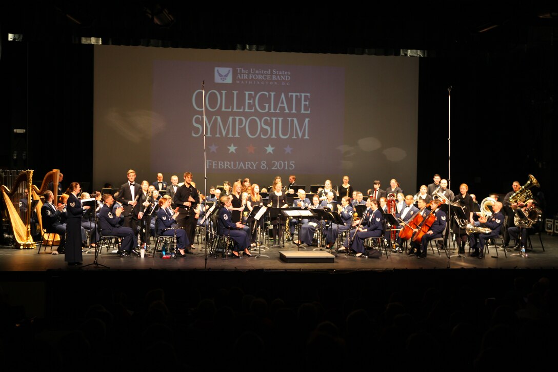 Members of the 2015 Collegiate Symposium are recognized during the final portion of the weekend's activities, a live concert with the Concert Band, given at Bowie Center for the Performing Arts in Bowie, Maryland, February 9, 2015. (U.S. Air Force photo by Technical Sgt. Matthew Shipes/released)